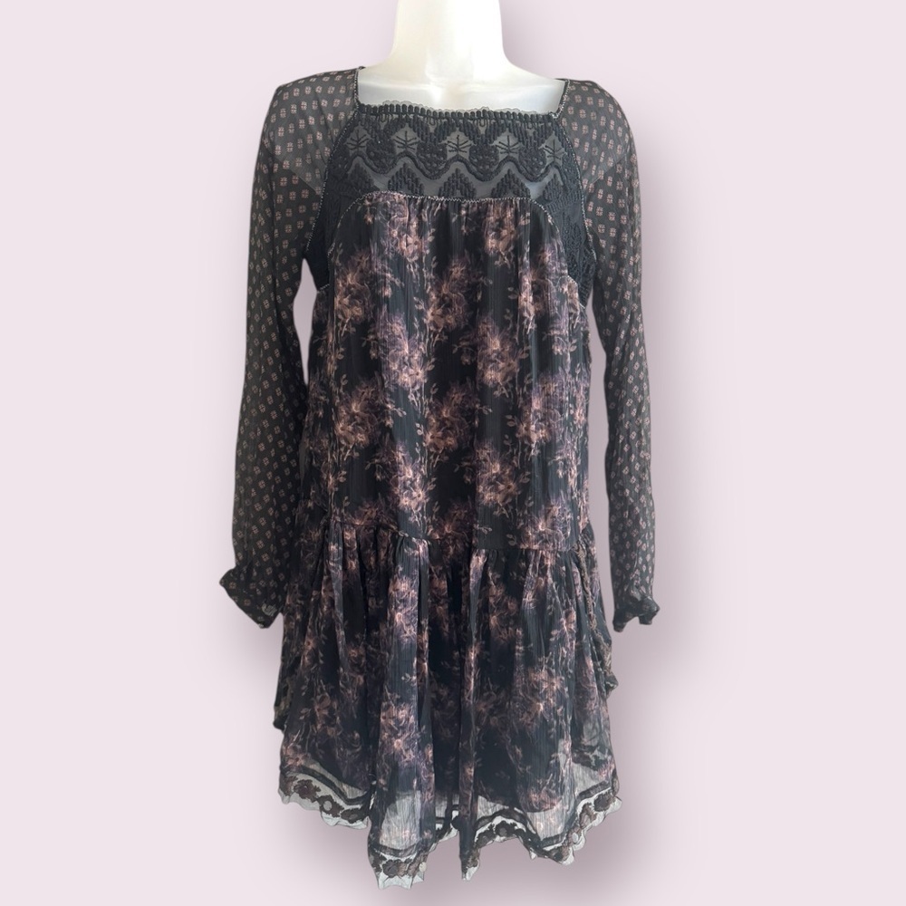 Free People Floral Lace Mini Dress Sheer Polka Dot Babydoll Cottagecore Size XS - Picture 6 of 10
